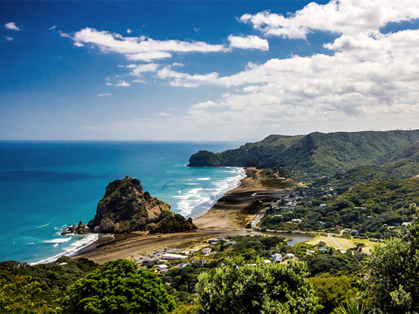 Overlooking cliff-studded beach of Piha
