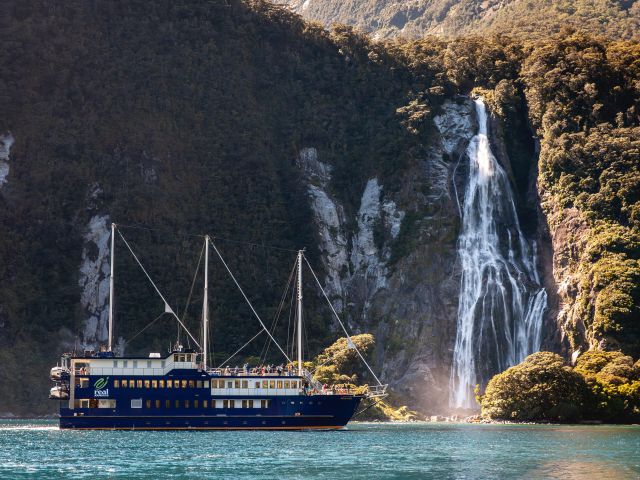 a waterfall cruise in Milford Sound
