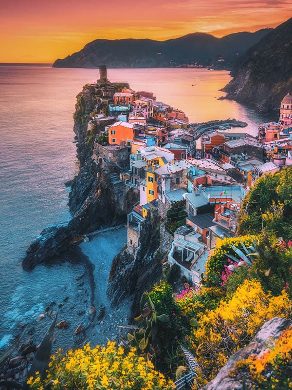 Colorful landscape view of Vernazza on sunset in Cinque Terre, Liguria, Italia