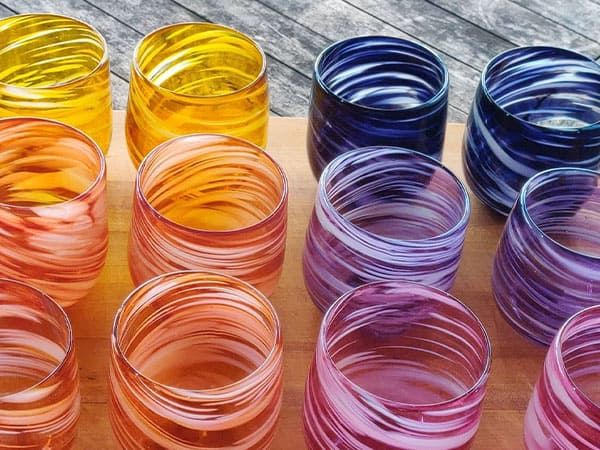Colourful glasses made in Hot Glass Fiji, glass-blowing studio in Fiji Islands