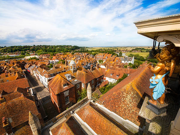 View from the bell tower of the Parish Church of St Mary, with the Quarter Boys, Rye, England, Europe