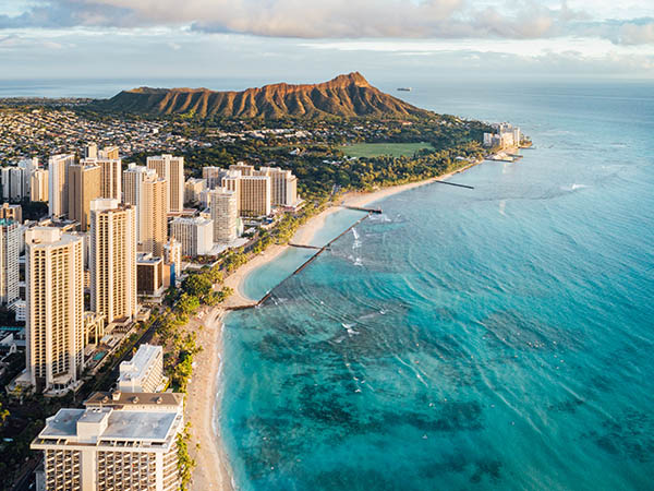 Aerial view of Waikiki Beach and Diamond Head Crater, Oahu, Hawaii