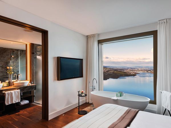 View over the Swiss Alps from the bathroom of the Burgenstock Hotel. (Image: Burgenstock Hotel)