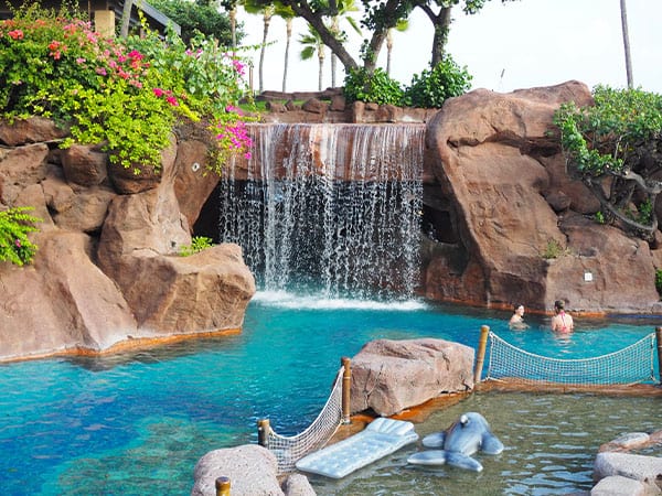 Pool waterfall, Hyatt Regency Maui Resort and Spa, Maui, Hawaii, USA