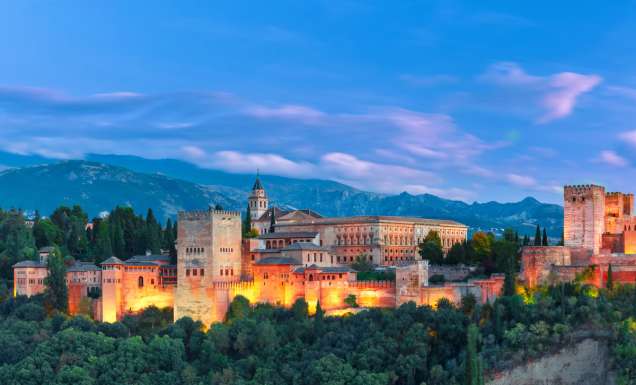 Alhambra during evening blue hour in Granada, Andalusia, Spain