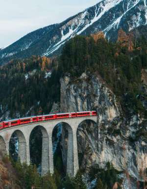 Scenic view of Glacier Express train on Landwasser viaduct in Switzerland