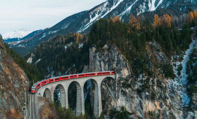 Scenic view of Glacier Express train on Landwasser viaduct in Switzerland