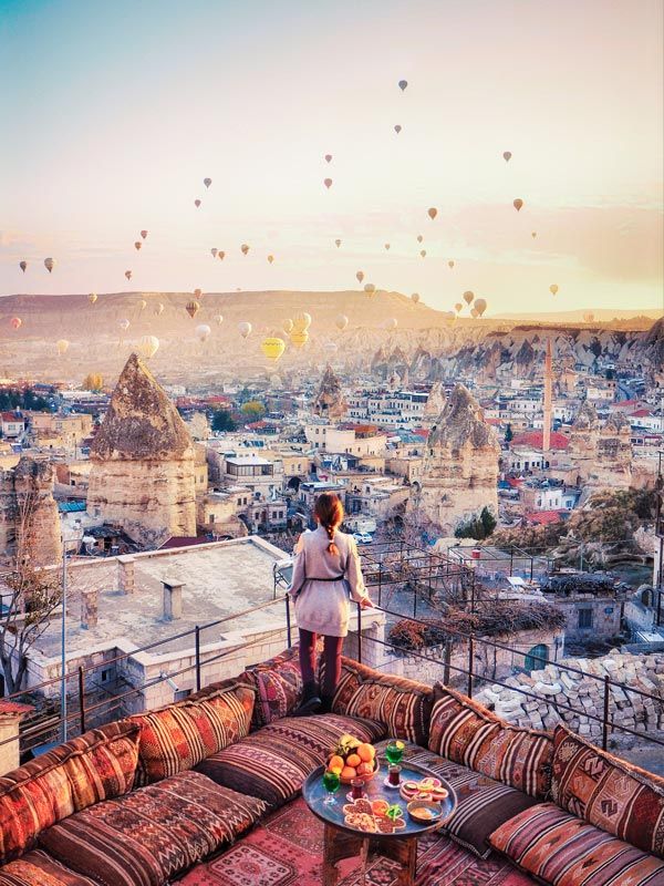 Hot air balloons flying over Cappadocia in Turkey