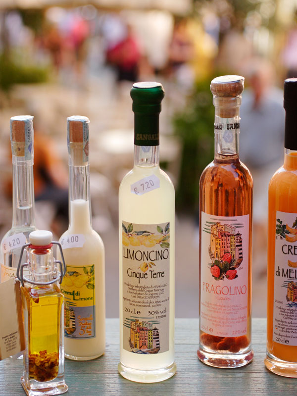 Bottles of Italian limoncino liqueur