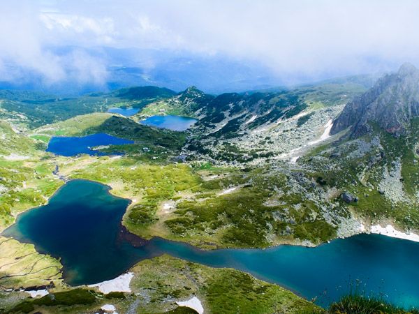 Aerial view of the Seven Rila Lakes in Bulgaria