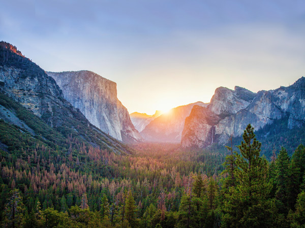 Sun setting over Yosemite National Park, California