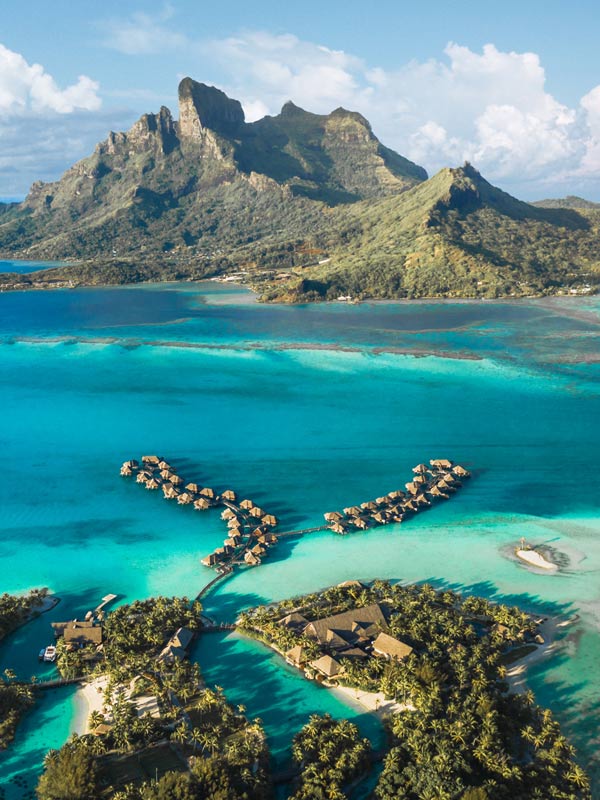 Aerial view of the Four Seasons Resort in Bora Bora, Tahiti