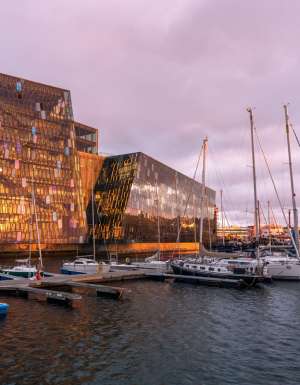 Midnight sun Reykjavik Iceland harbour