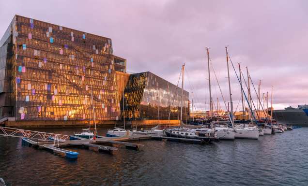 Midnight sun Reykjavik Iceland harbour