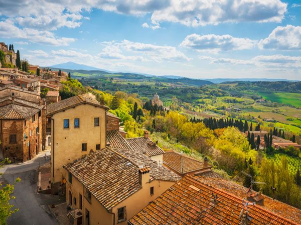 Montepulciano village panoramic view. Siena Tuscany Italy