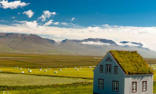 Old farm with mossy roof and typical Icelandic landscape