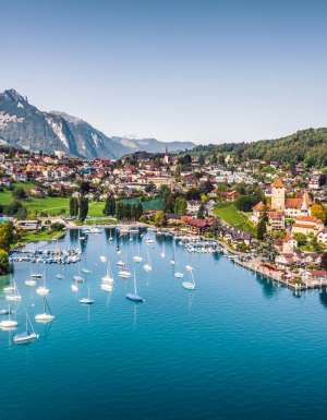 Spiez castle by lake Thun in Canton of Bern, Switzerland