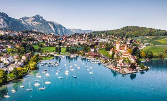 Spiez castle by lake Thun in Canton of Bern, Switzerland