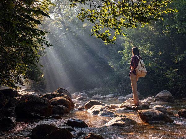 female hiker crossing the forest creek