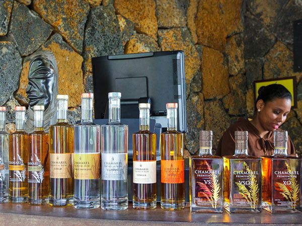 A woman behind a bar with bottles of rhum.