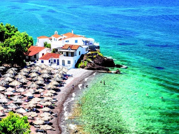 Drone shot of Vlychos Beach in Hydra Greece