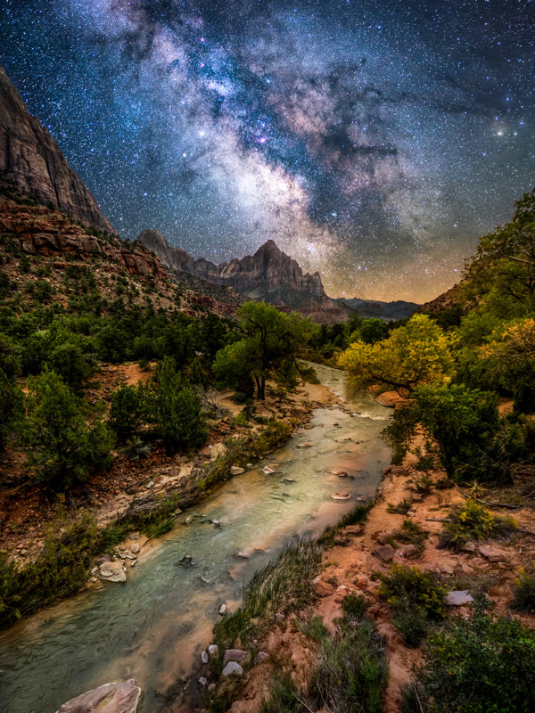 Milky Way over Virgin River at Zion National Park in Utah