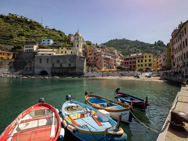 boats docked at a launchpad in Cinque Terre