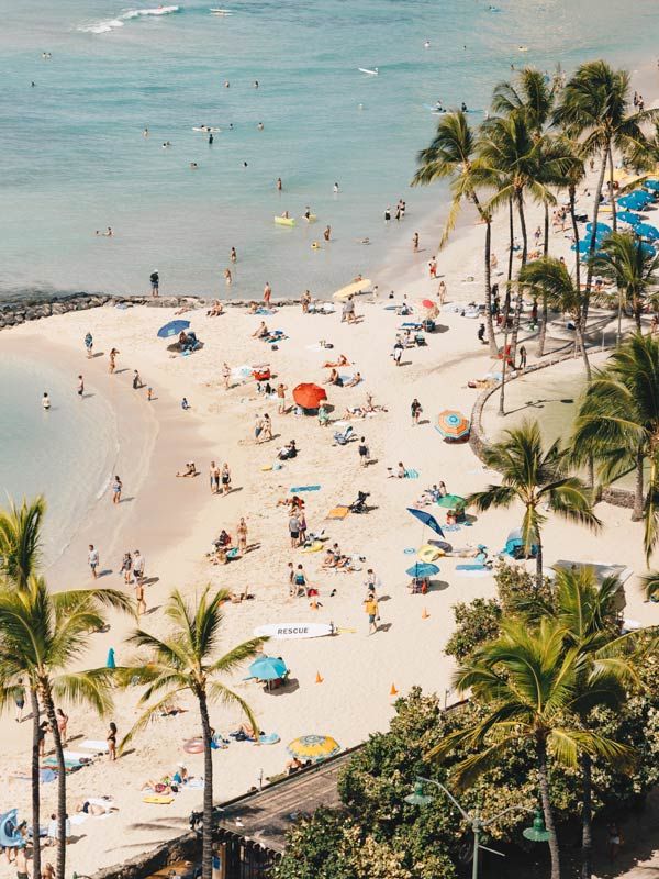 an aerial shot of the beach dotted with people in Waikīkī