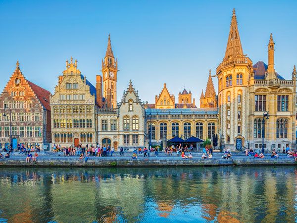 old buildings facing the river in Graslei Harbour, Ghent, Belgium 