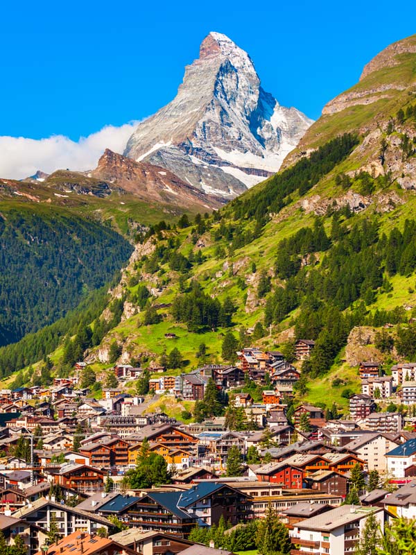 an aerial shot of the Zermatt village