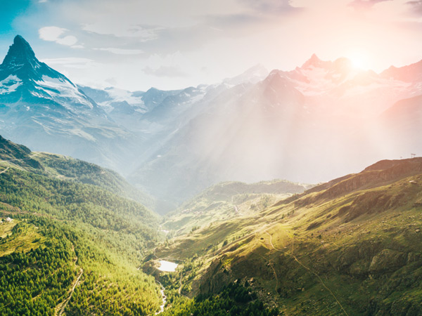 aerial panoramic views of the Zermatt town and Matterhorn mountain in the Valais canton of Switzerland
