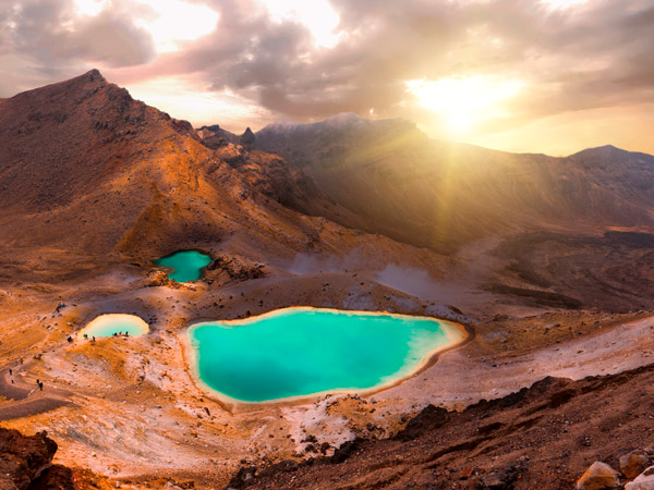 a beautiful sunrise over Emerald lakes on Tongariro Crossing track, Tongariro National Park, New Zealand