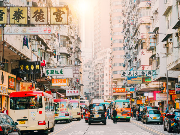 Hong Kong Street Scene, Mong Kok District with buses