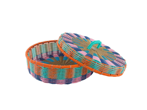 a colourful basket on white background