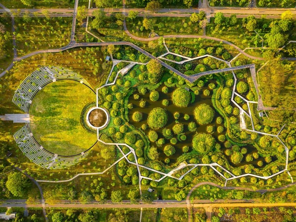 an aerial view of the wetlands at Benjakitti Park