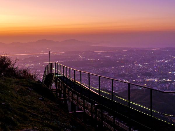 top view of the Fukuoka cityscape from Mt Sarakura Cable Car at dusk