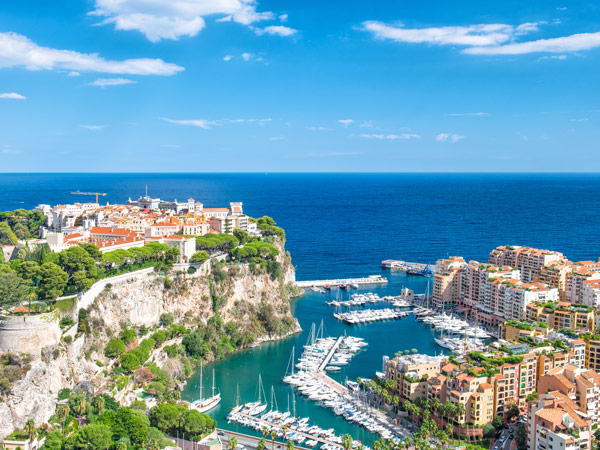 an overhead shot of yachts parked in Fontvieille Pier