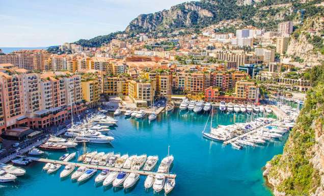 an aerial view of boats docked at the Fontvieille district in Monaco