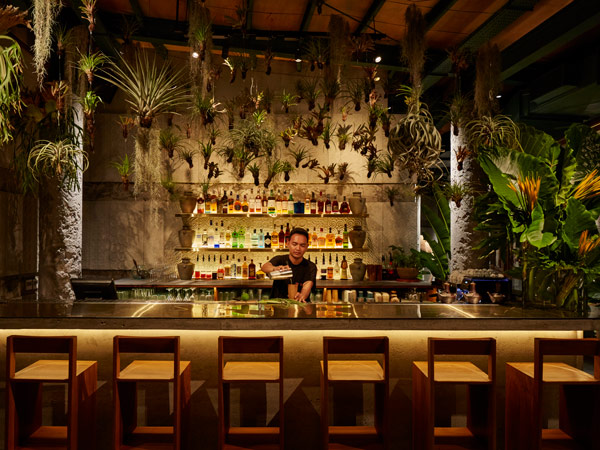 a bartender mixing up drinks at the counter inside Kaum bar