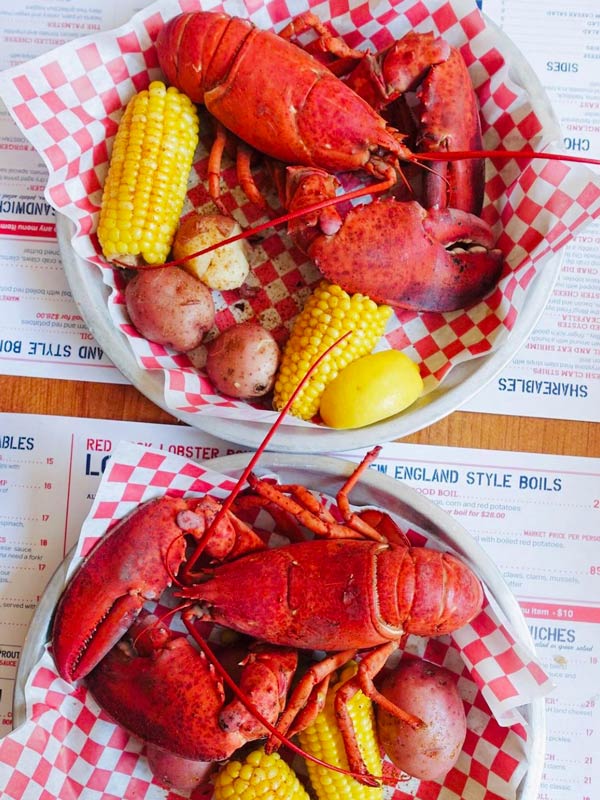 a table top view of two plates of lobster at Lobster Pound