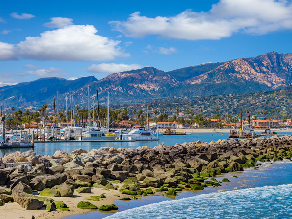 moored recreational boats in Santa Barbara Harbour 