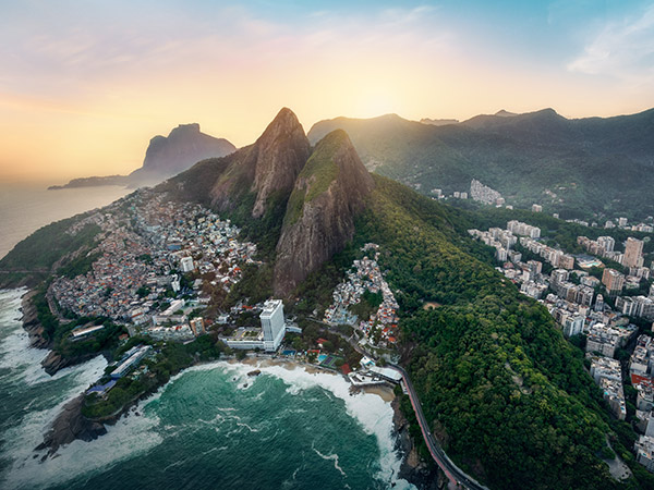 Aerial view of rio de janeiro favela and Ipanema Beach