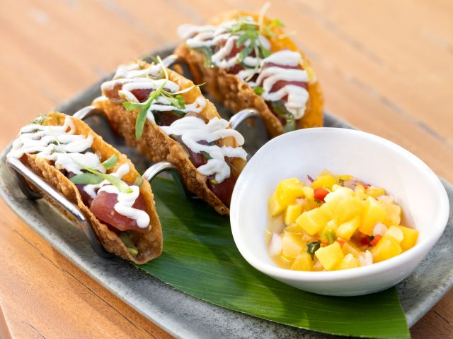 Wonton poke tacos from The Hideout at The Laylow in Waikīkī