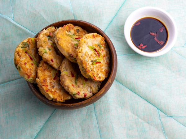mung bean pancakes or Bindaetteok with a special dip on the table