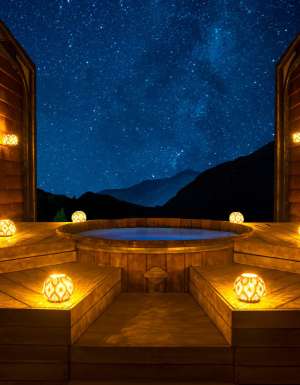 bright lamps surrounding Onsen Hot Pools at night