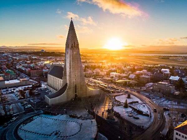 sunset view of Hallgrímskirkja Church in Iceland