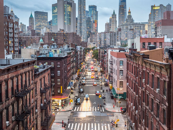 bustling streetscape in New York