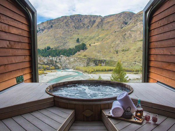 Onsen Hot Pools with a mountain backdrop