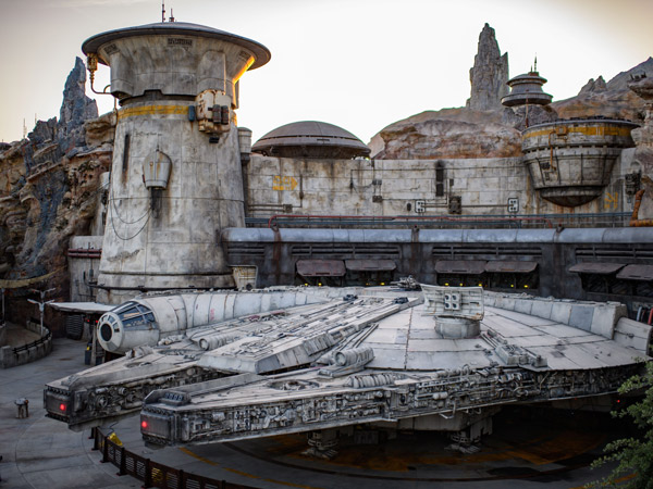 Star Wars Galaxy Edge and the millennium falcon.