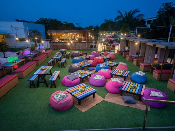 colourful bean bags on the roof deck of The Tides Hotel, Boracay